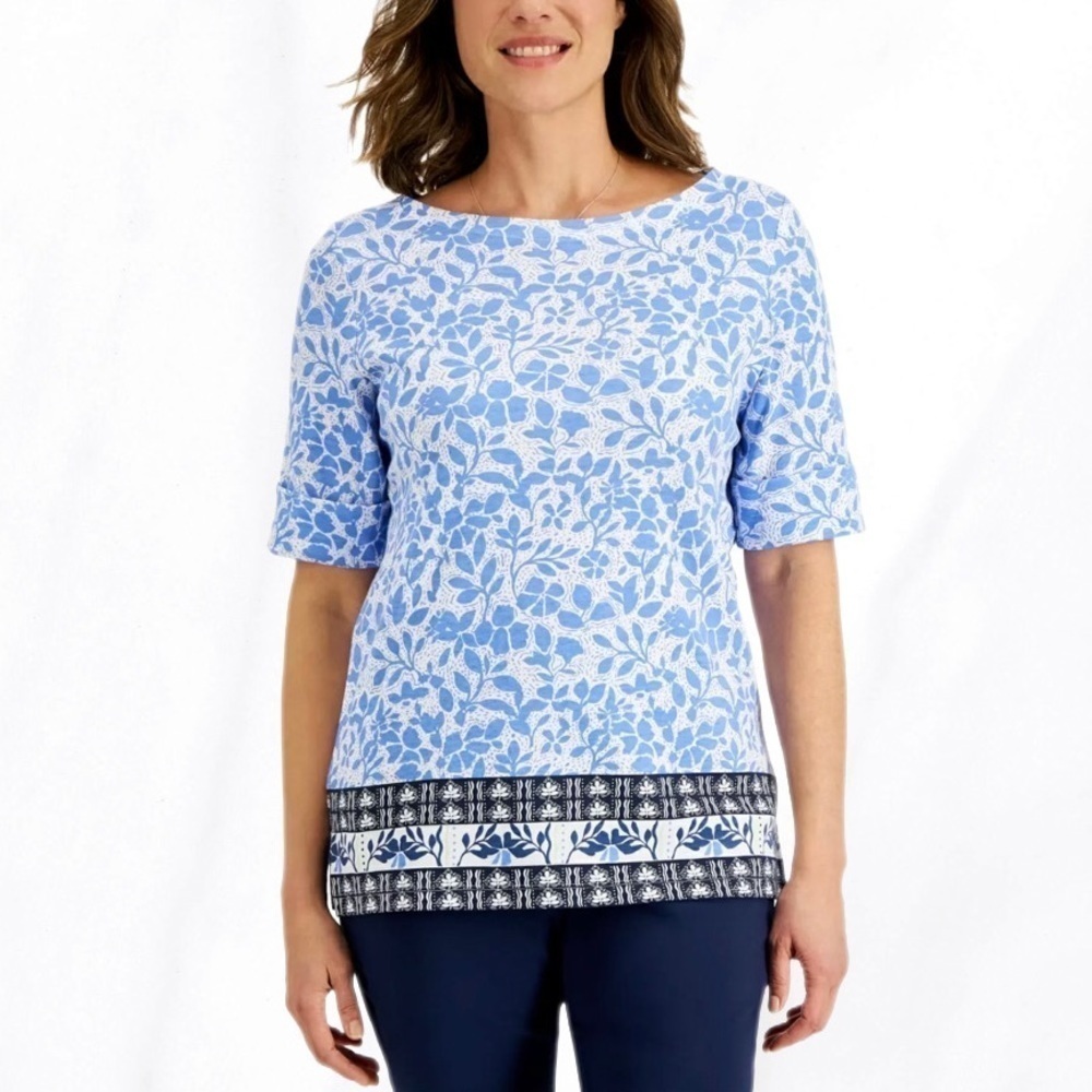 Karen Scott Floral Blue Shortsleeve Round Neck Top